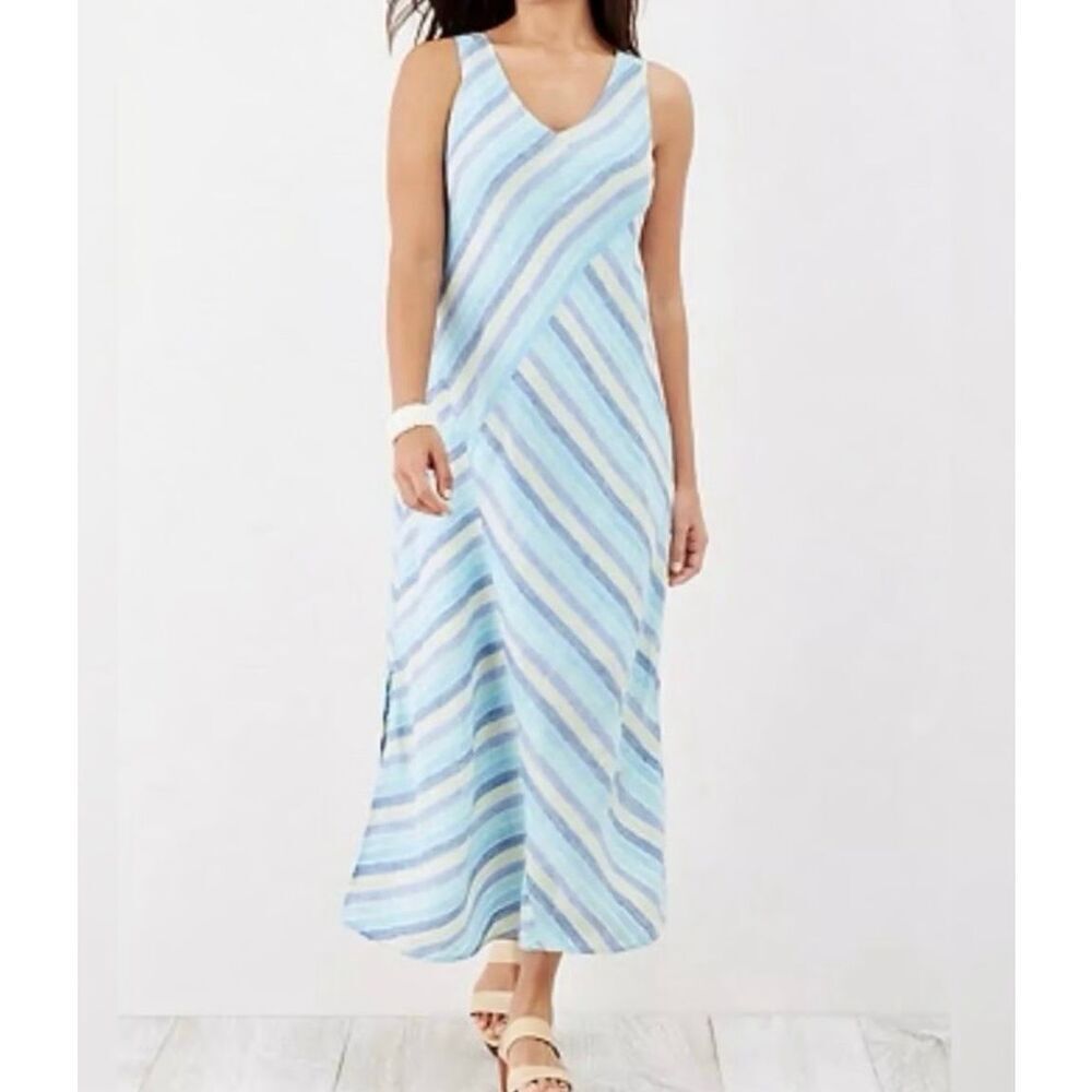 J. Jill Light Blue and White Diagonal-Stripe V-Neck Maxi Dress